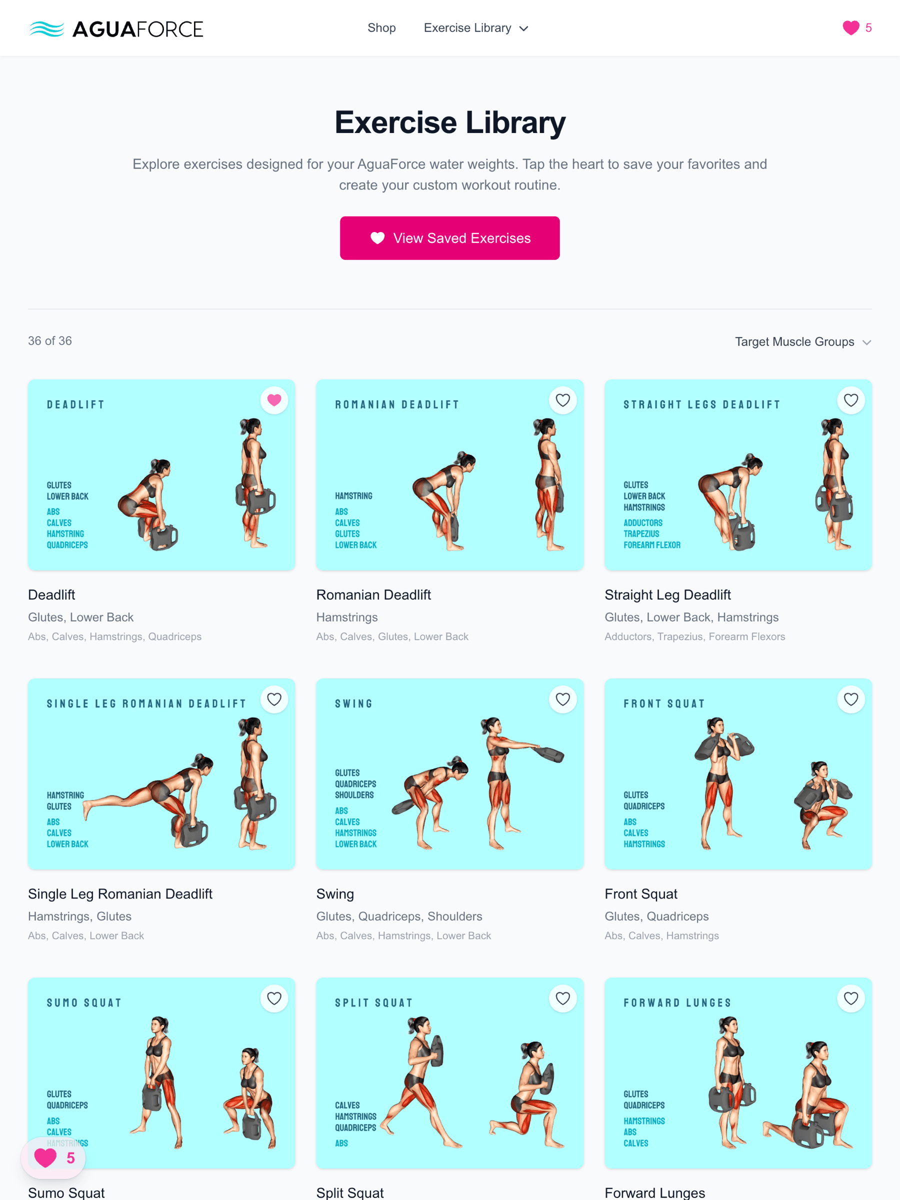 AguaForce exercise library showing illustrated deadlift and squat variations with targeted muscle groups
